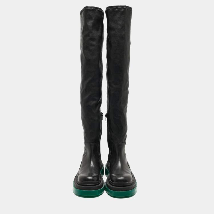 Pre Owned Bottega Veneta Black Leather Lug Sole Knee Length Boots Size 39