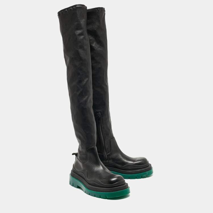 Pre Owned Bottega Veneta Black Leather Lug Sole Knee Length Boots Size 39