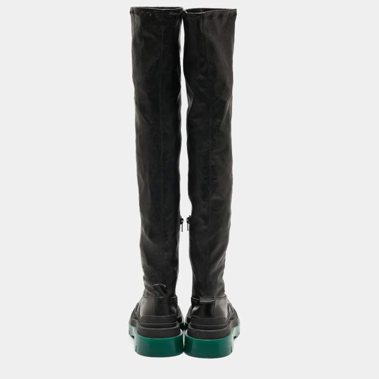 Pre Owned Bottega Veneta Black Leather Lug Sole Knee Length Boots Size 39