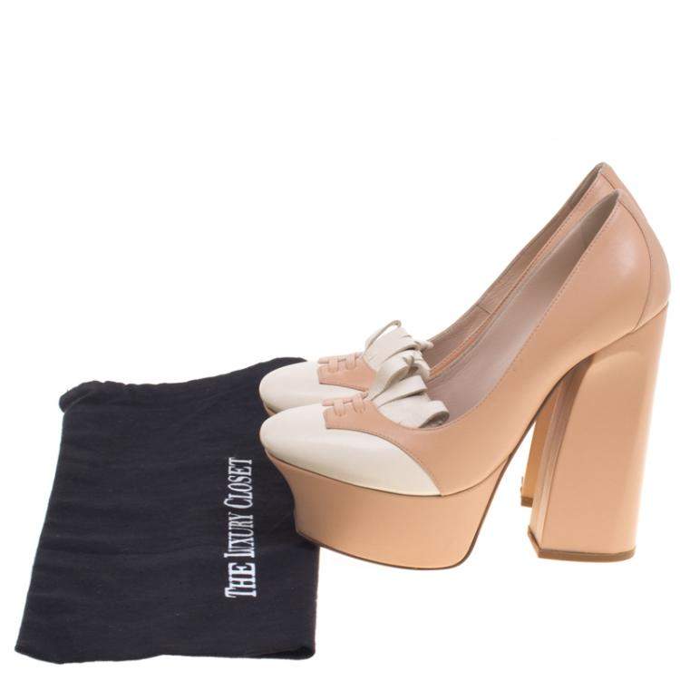 Pre Owned Bottega Veneta Two Tone Leather Frill Detail Platform Block Heel Pumps Size 38.5