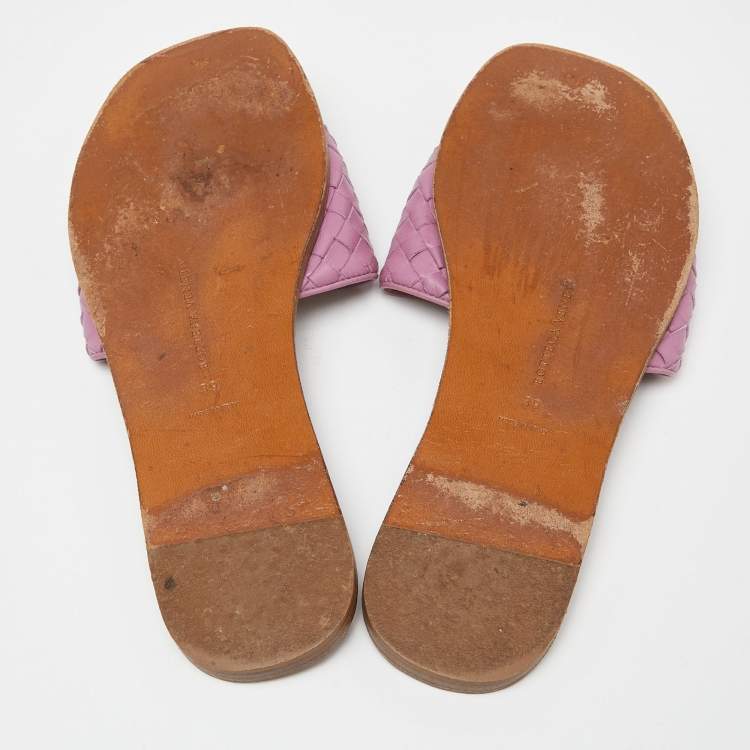 Pre Owned Bottega Veneta Pink Leather Intrecciato Flat Slides Size 39