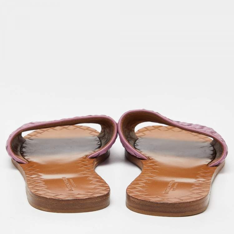 Pre Owned Bottega Veneta Pink Leather Intrecciato Flat Slides Size 39