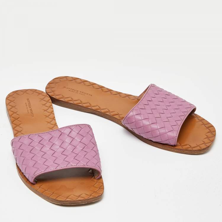 Pre Owned Bottega Veneta Pink Leather Intrecciato Flat Slides Size 39