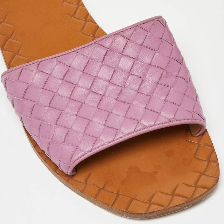 Pre Owned Bottega Veneta Pink Leather Intrecciato Flat Slides Size 39