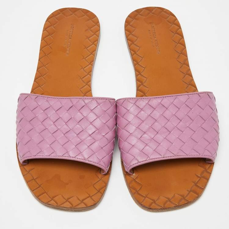 Pre Owned Bottega Veneta Pink Leather Intrecciato Flat Slides Size 39