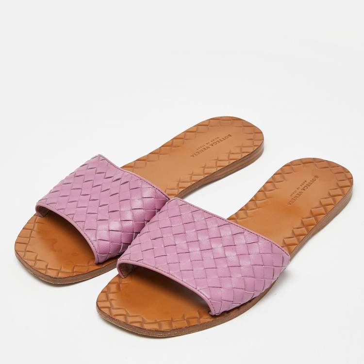 Pre Owned Bottega Veneta Pink Leather Intrecciato Flat Slides Size 39