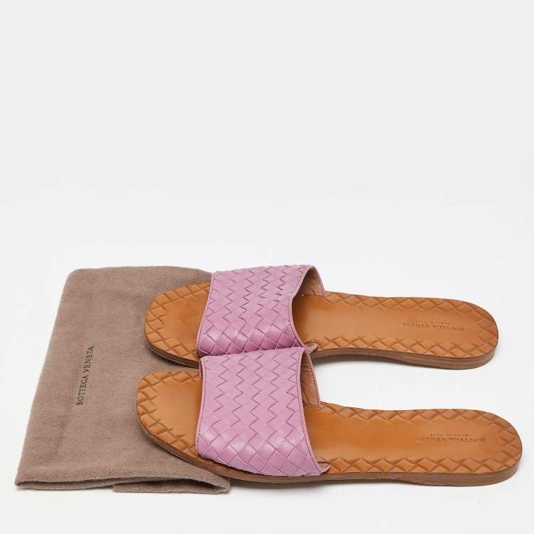 Pre Owned Bottega Veneta Pink Leather Intrecciato Flat Slides Size 39