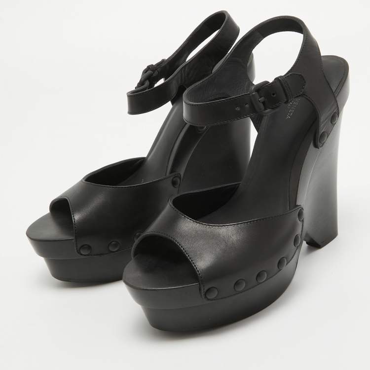Pre Owned Bottega Veneta Black Leather Wedge Platform Ankle Strap Sandals Size 40
