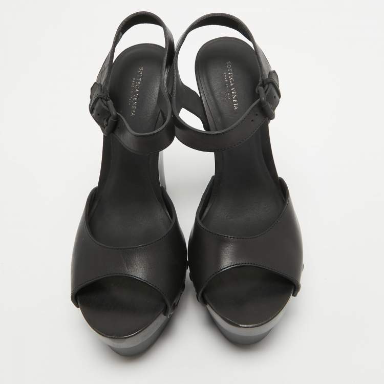 Pre Owned Bottega Veneta Black Leather Wedge Platform Ankle Strap Sandals Size 40