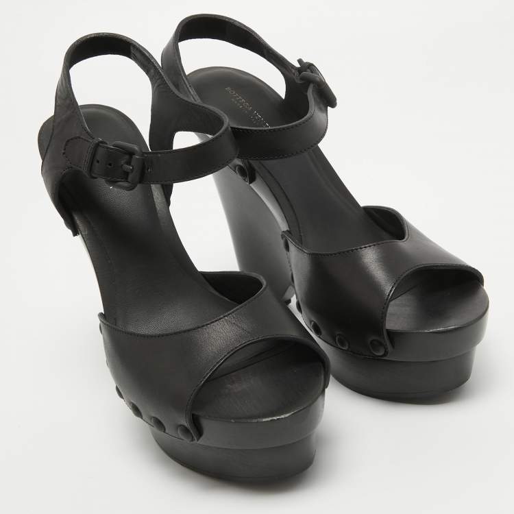 Pre Owned Bottega Veneta Black Leather Wedge Platform Ankle Strap Sandals Size 40