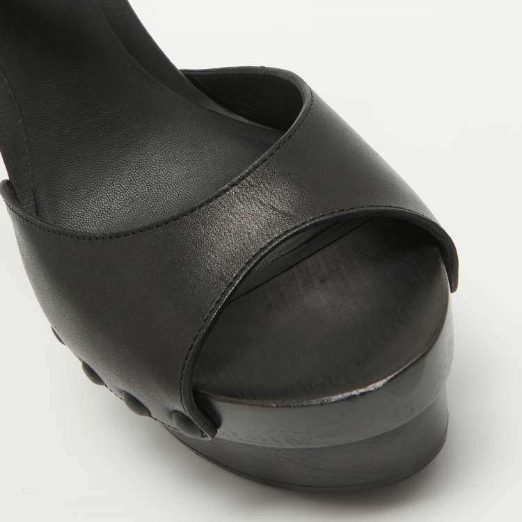 Pre Owned Bottega Veneta Black Leather Wedge Platform Ankle Strap Sandals Size 40