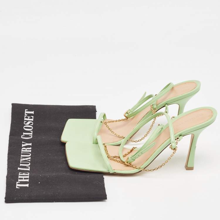 Pre Owned Bottega Veneta Green Leather Stretch Square Ankle Strap Sandals Size 39