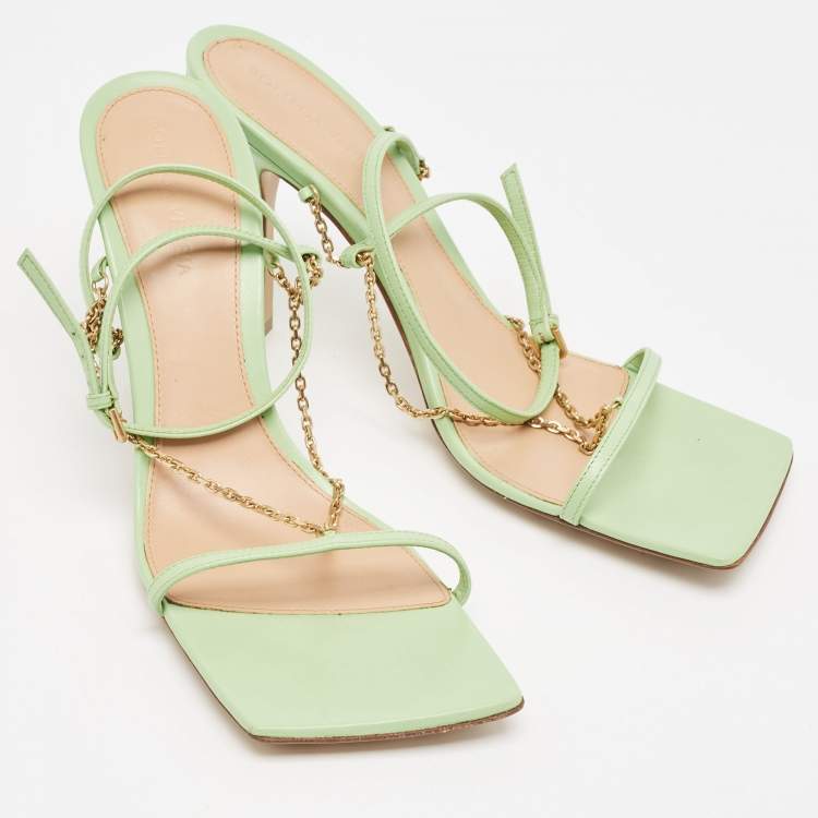 Pre Owned Bottega Veneta Green Leather Stretch Square Ankle Strap Sandals Size 39