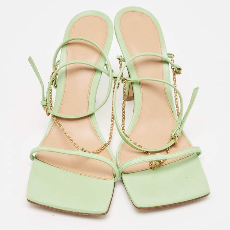 Pre Owned Bottega Veneta Green Leather Stretch Square Ankle Strap Sandals Size 39