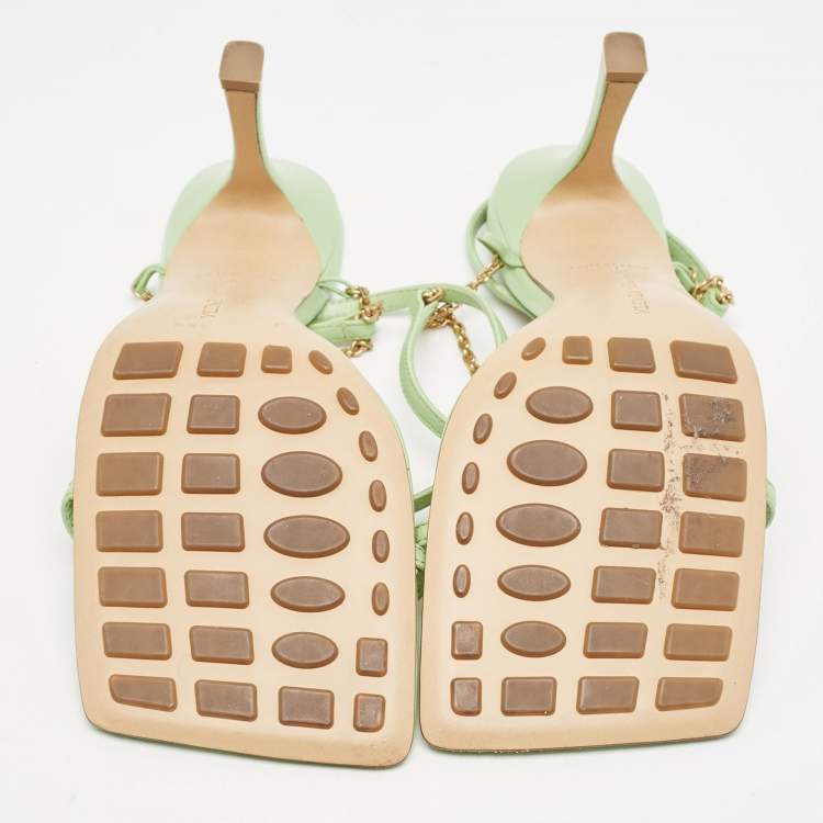 Pre Owned Bottega Veneta Green Leather Stretch Square Ankle Strap Sandals Size 39