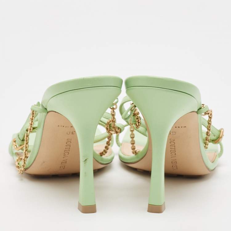 Pre Owned Bottega Veneta Green Leather Stretch Square Ankle Strap Sandals Size 39