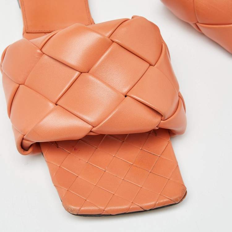 Pre Owned Bottega Veneta Orange Intrecciato Leather Lido Flat Slides Size 41