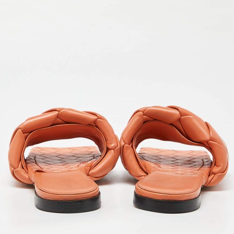 Pre Owned Bottega Veneta Orange Intrecciato Leather Lido Flat Slides Size 41