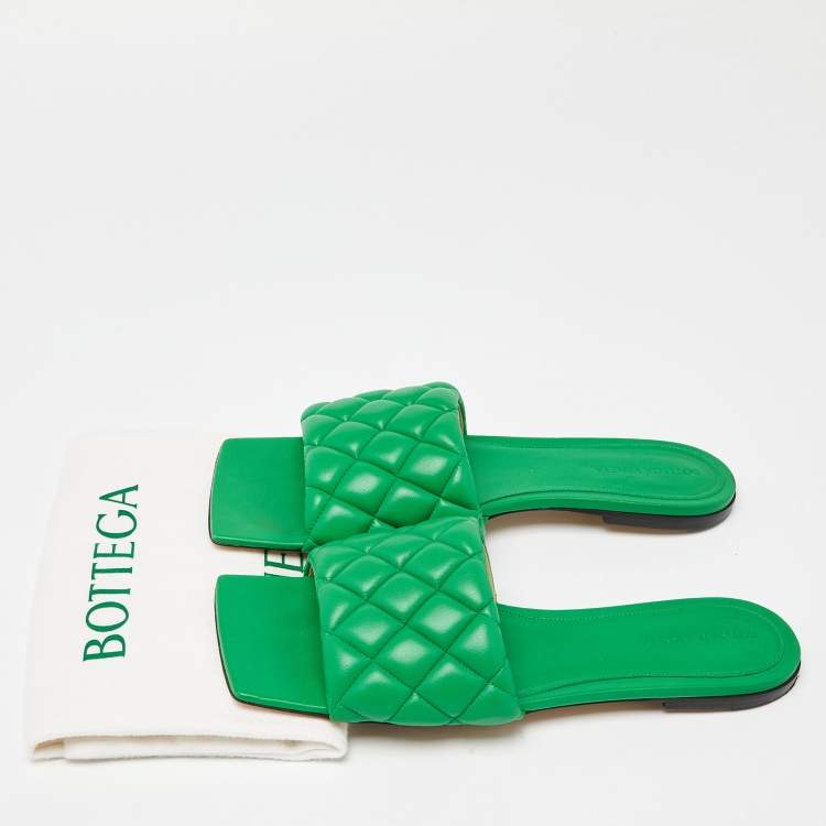 Pre Owned Bottega Veneta Green Padded Leather Flat Slides Size 41