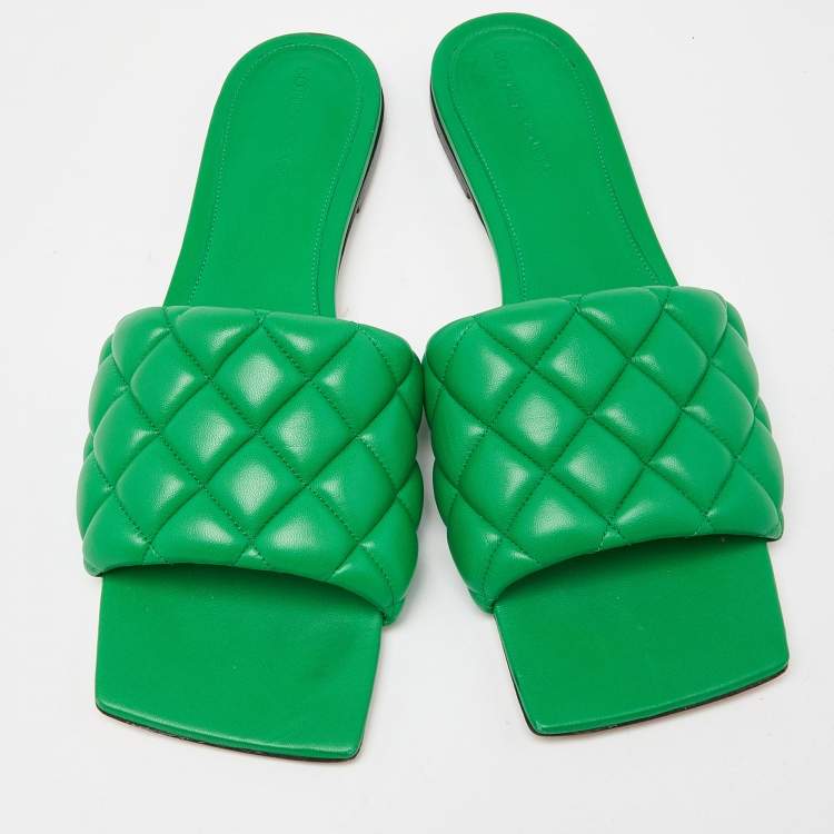 Pre Owned Bottega Veneta Green Padded Leather Flat Slides Size 41
