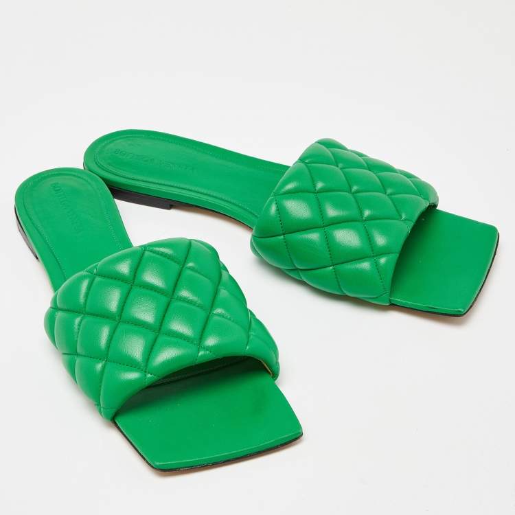 Pre Owned Bottega Veneta Green Padded Leather Flat Slides Size 41