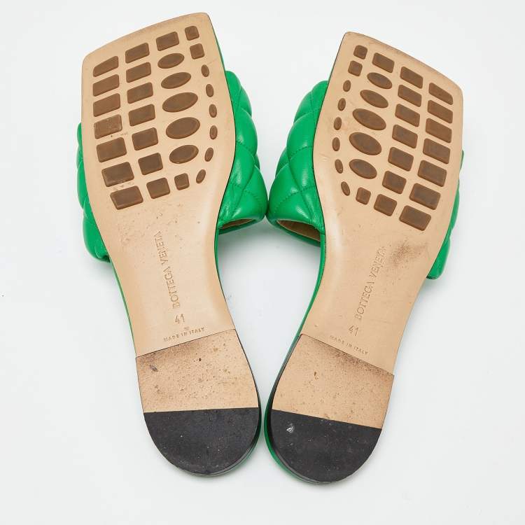 Pre Owned Bottega Veneta Green Padded Leather Flat Slides Size 41