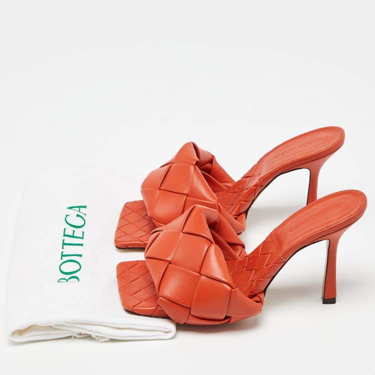 Pre Owned Bottega Veneta Orange Intrecciato Leather Lido Sandals  Size 37