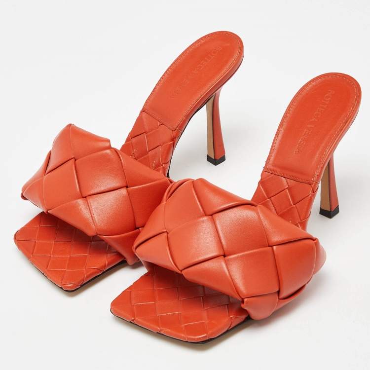Pre Owned Bottega Veneta Orange Intrecciato Leather Lido Sandals  Size 37