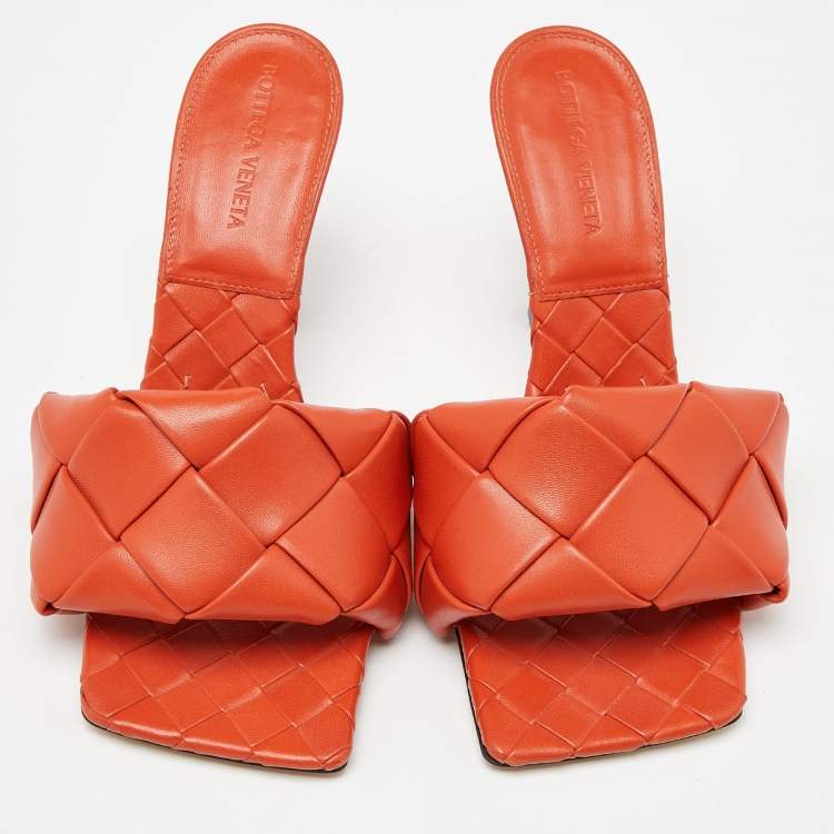 Pre Owned Bottega Veneta Orange Intrecciato Leather Lido Sandals  Size 37