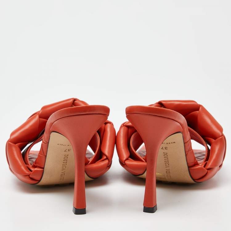 Pre Owned Bottega Veneta Orange Intrecciato Leather Lido Sandals  Size 37
