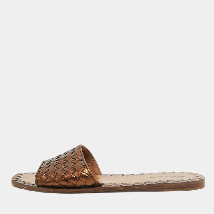 Pre Owned Bottega Veneta Metallic Intrecciato Leather Flat Slides Size 39
