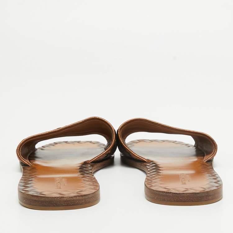 Pre Owned Bottega Veneta Metallic Intrecciato Leather Flat Slides Size 39
