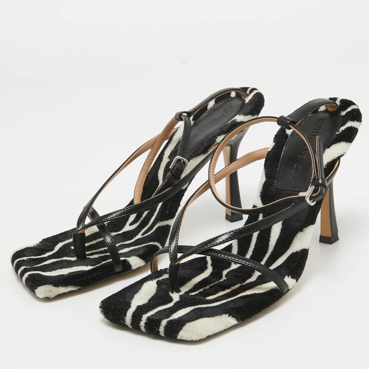 Pre Owned Bottega Veneta Black Leather and Fur Stretch Ankle Strap Sandals Size 38