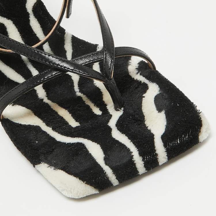 Pre Owned Bottega Veneta Black Leather and Fur Stretch Ankle Strap Sandals Size 38