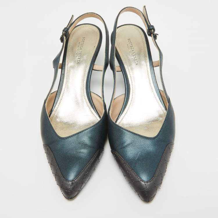 Pre Owned Bottega Veneta Metallic Two Tone Leather Slingback Pumps Size 37
