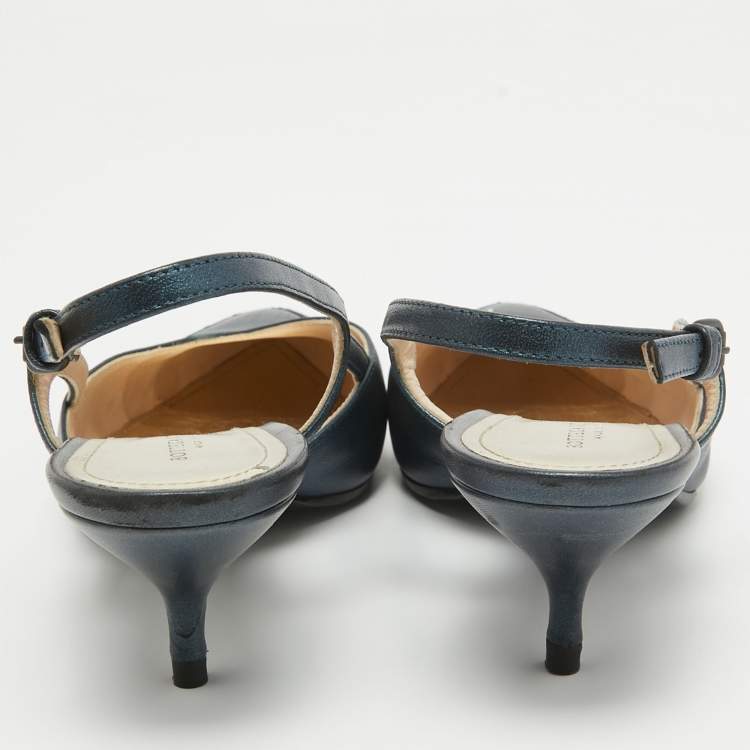 Pre Owned Bottega Veneta Metallic Two Tone Leather Slingback Pumps Size 37