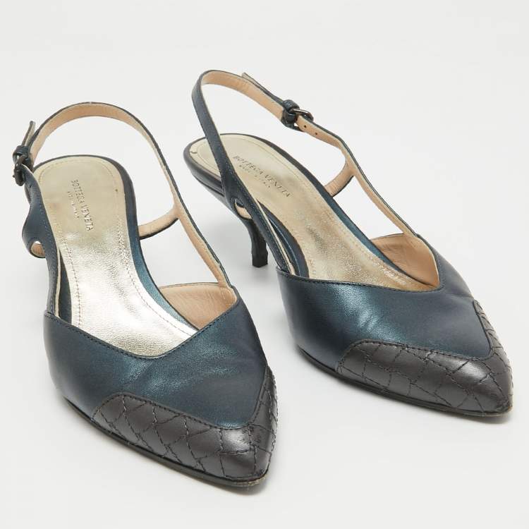 Pre Owned Bottega Veneta Metallic Two Tone Leather Slingback Pumps Size 37