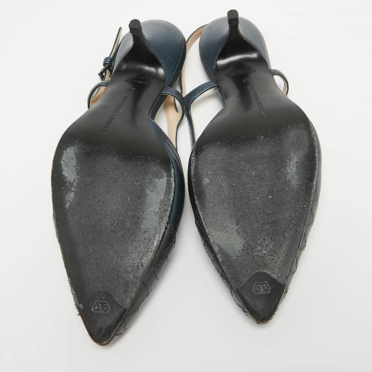 Pre Owned Bottega Veneta Metallic Two Tone Leather Slingback Pumps Size 37