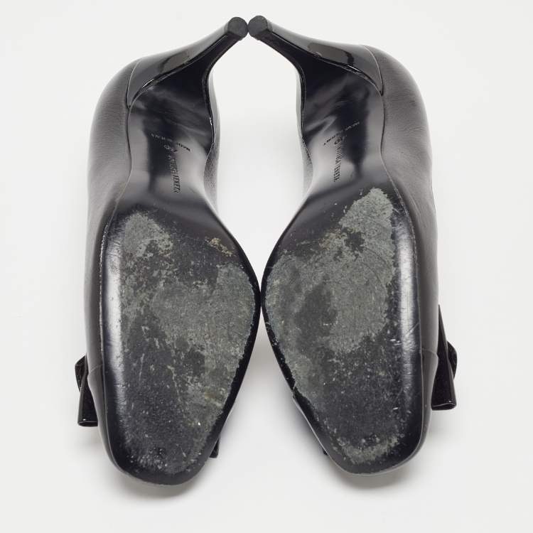 Pre Owned Bottega Veneta Black Patent and Leather Cap Toe Bow Pumps Size 40