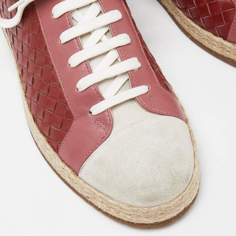 Pre Owned Bottega Veneta Tri Color Intrecciato Leather And Suede Cap Toe Espadrille Low Top Sneakers Size 39.5