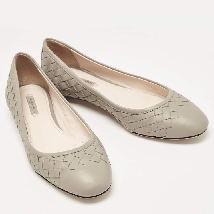 Pre Owned Bottega Veneta Grey Intrecciato Leather Ballet Flats Size 36