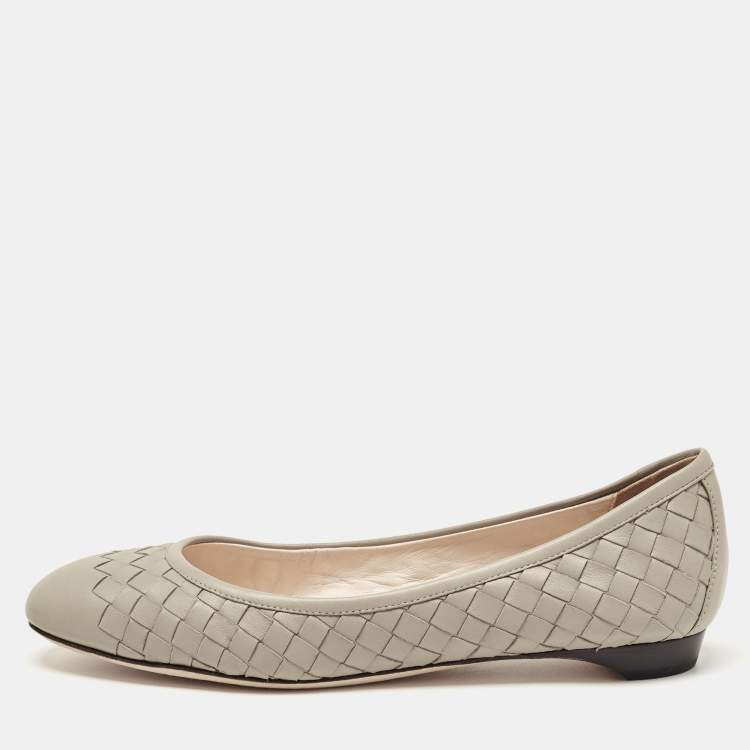 Pre Owned Bottega Veneta Grey Intrecciato Leather Ballet Flats Size 36