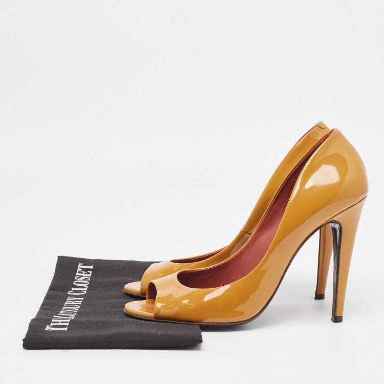 Pre Owned Bottega Veneta Brown Patent Leather Peep Toe Pumps Size 40