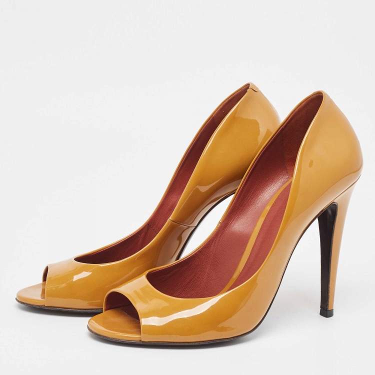 Pre Owned Bottega Veneta Brown Patent Leather Peep Toe Pumps Size 40