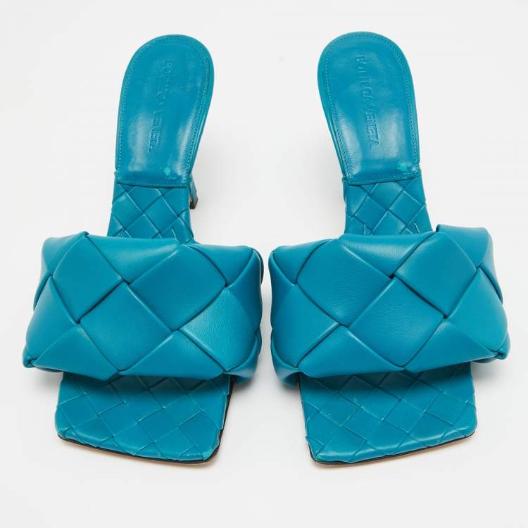 Pre Owned Bottega Veneta Blue Intrecciato Leather Lido Slide Sandals Size 38