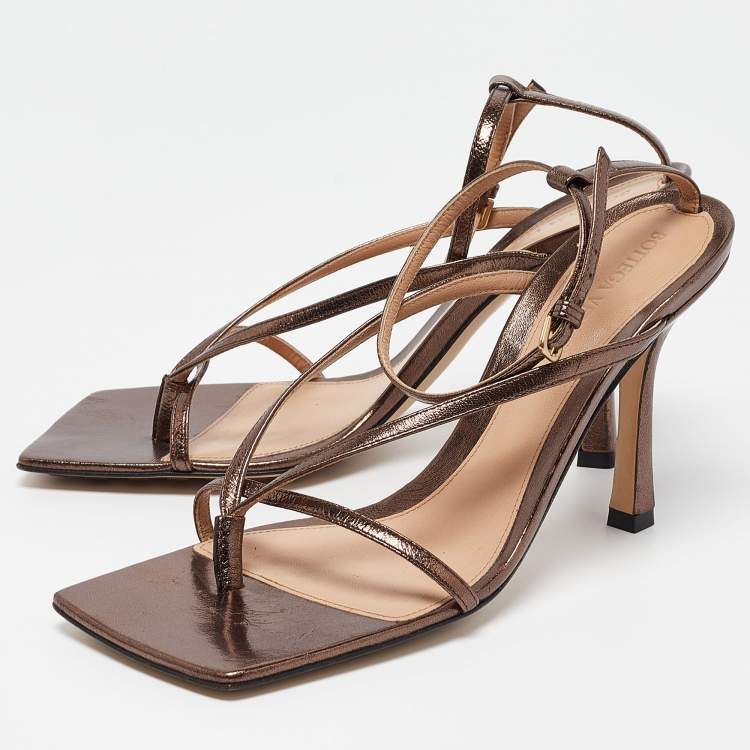 Pre Owned Bottega Veneta Metallic Brown Leather Stretch Ankle Strap Sandals Size 38