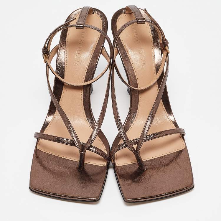 Pre Owned Bottega Veneta Metallic Brown Leather Stretch Ankle Strap Sandals Size 38