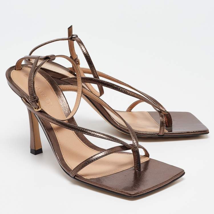 Pre Owned Bottega Veneta Metallic Brown Leather Stretch Ankle Strap Sandals Size 38
