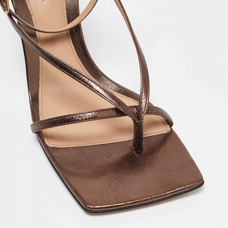 Pre Owned Bottega Veneta Metallic Brown Leather Stretch Ankle Strap Sandals Size 38
