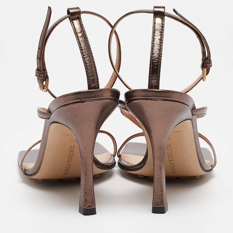 Pre Owned Bottega Veneta Metallic Brown Leather Stretch Ankle Strap Sandals Size 38